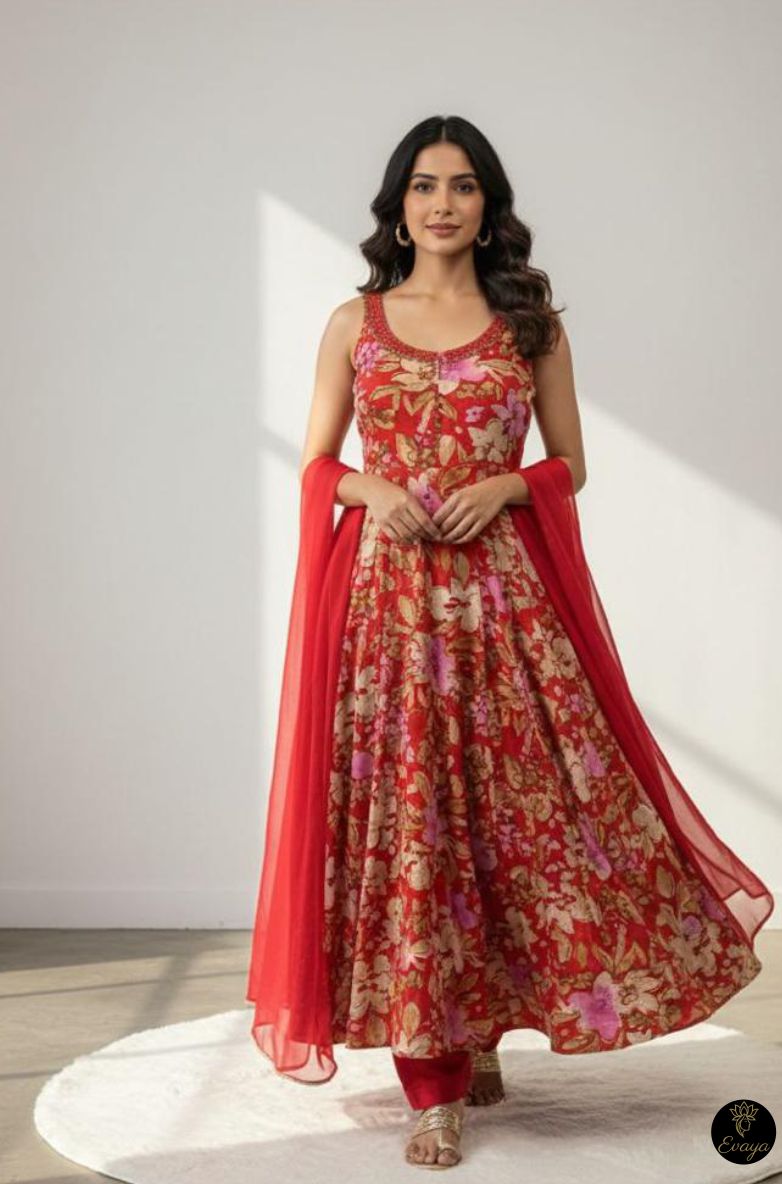 Red Floral Anarkali Suit