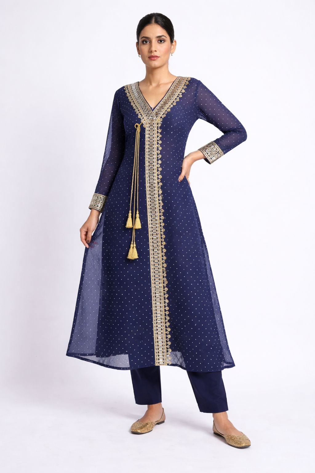 Evaya Bandhani Printed V-Neck Mirror Work Kurta With Trousers