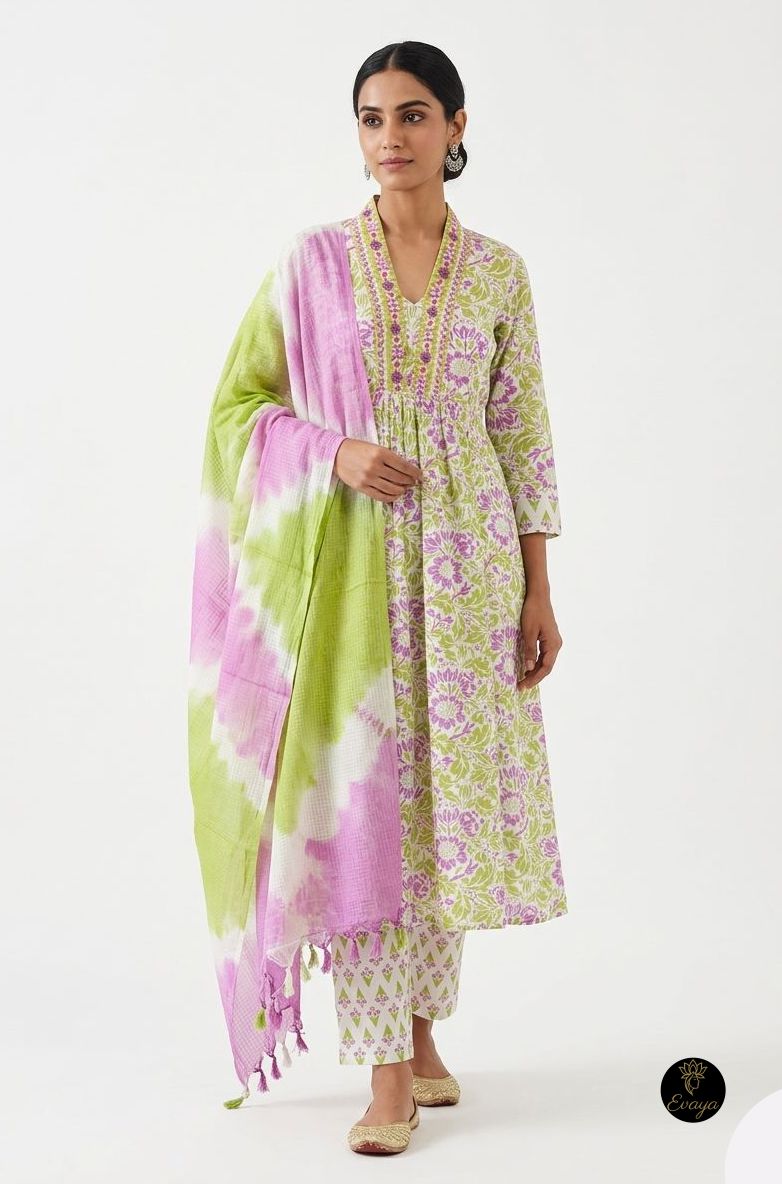 Printed A Line  Cotton Kurta Set
