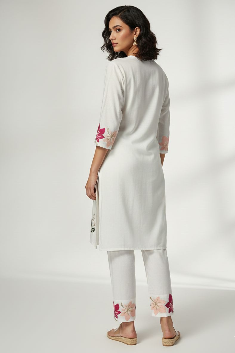 White Floral Embroidered Kurta Set