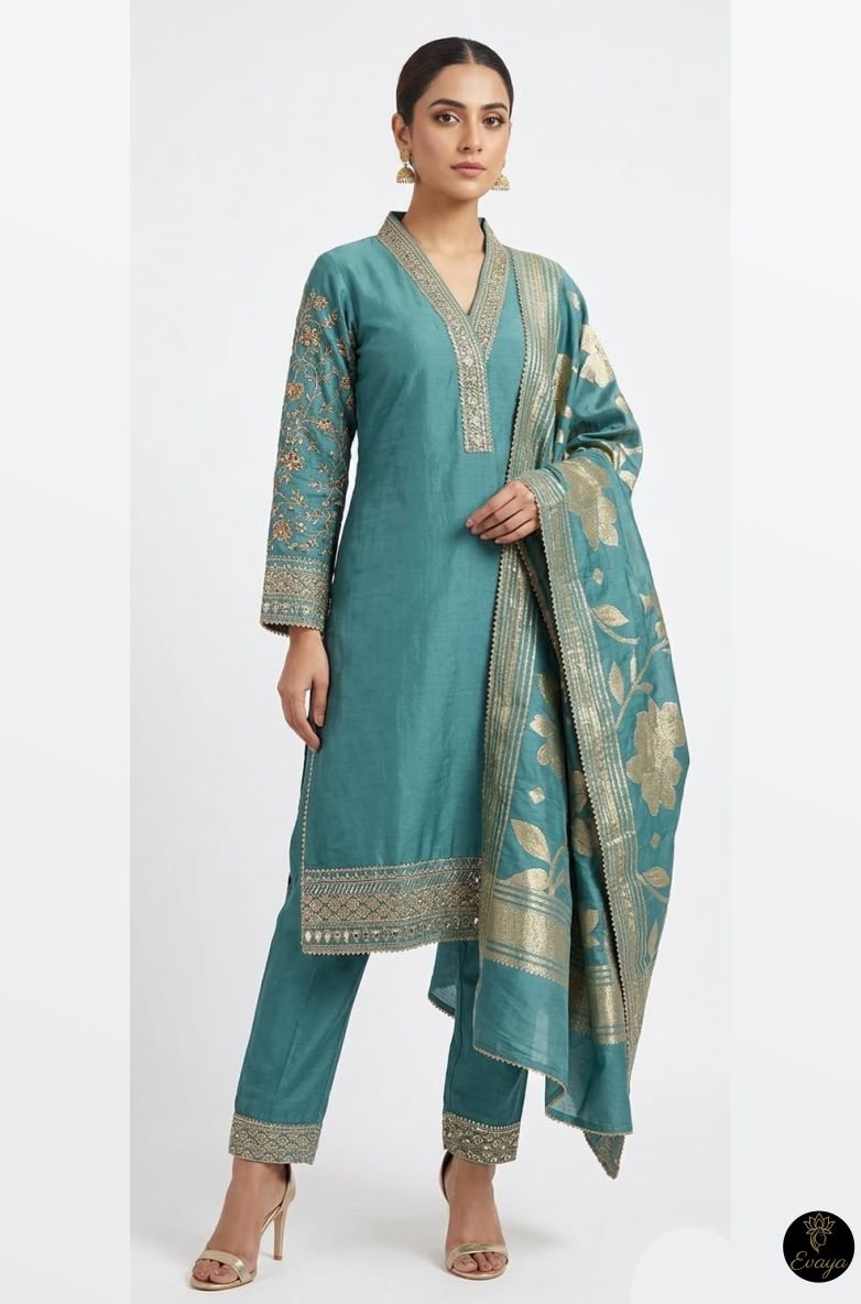 Teal Printed Cotton Suit Set