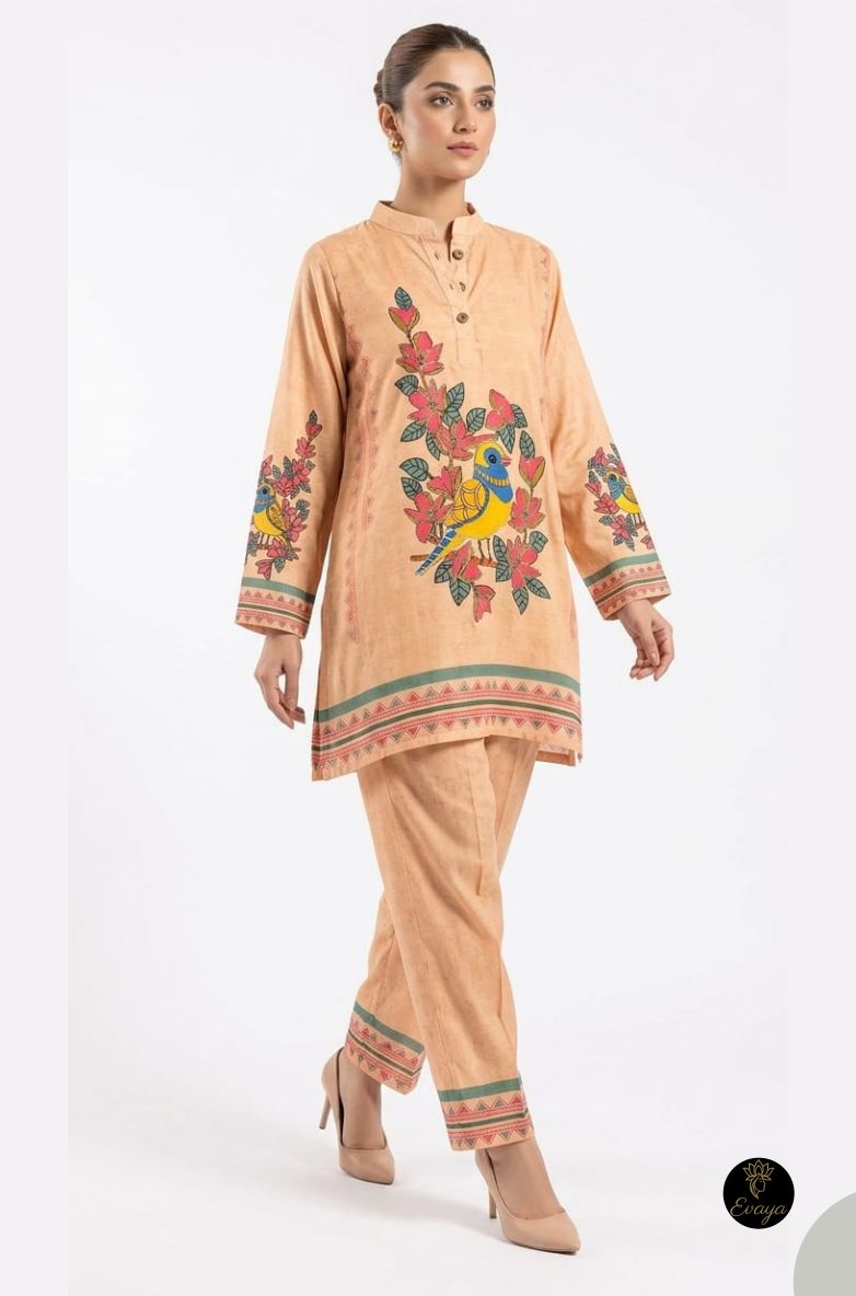 Peach Embroidered Cotton Suit Set