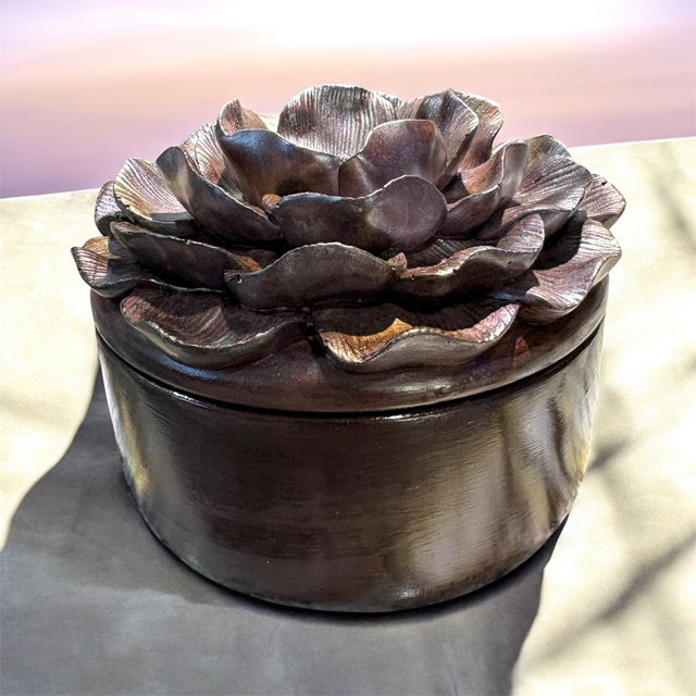 6pc Lot Chocolate Peony Flower Candle Vessel (lid included) -9oz