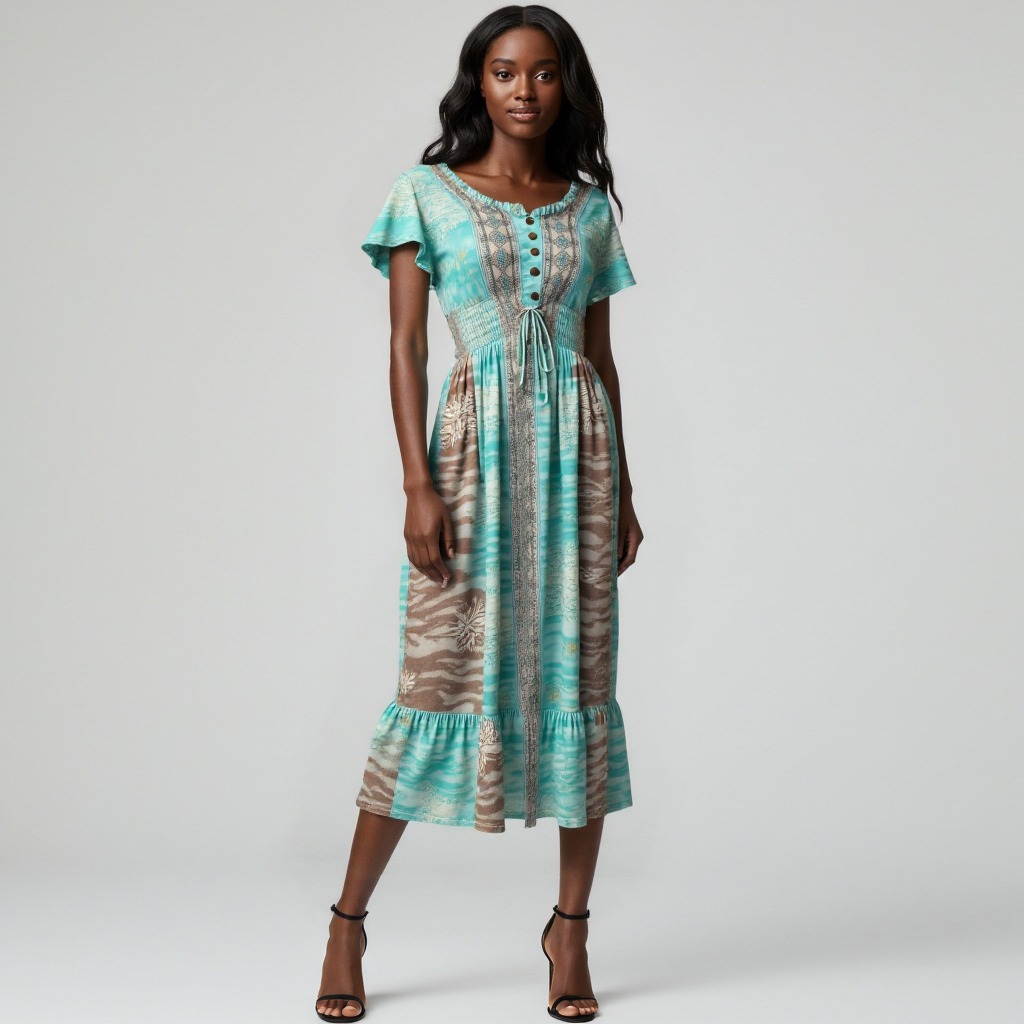 Vestido midi estampado em azul e bege