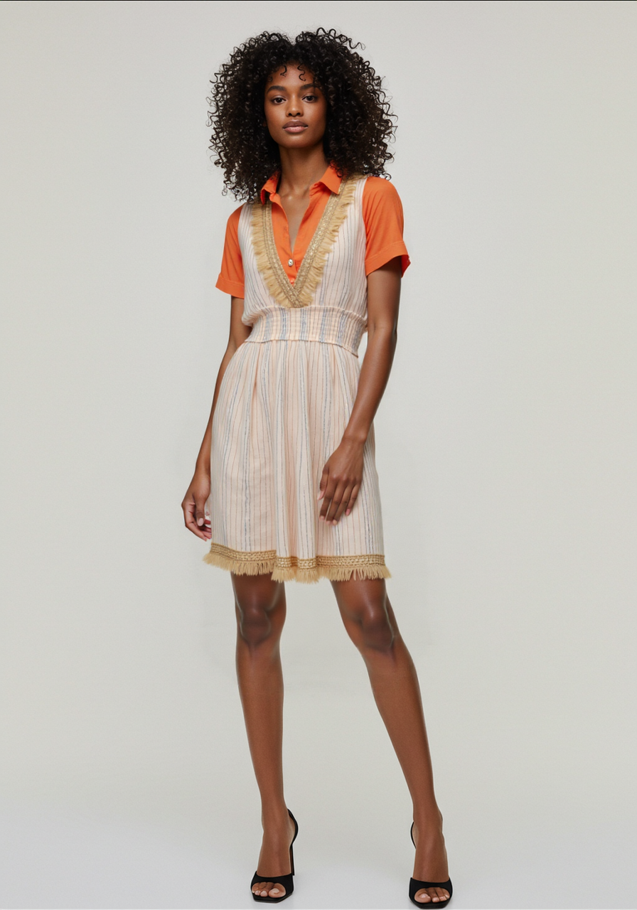 Vestido Bege com Detalhes Dourados