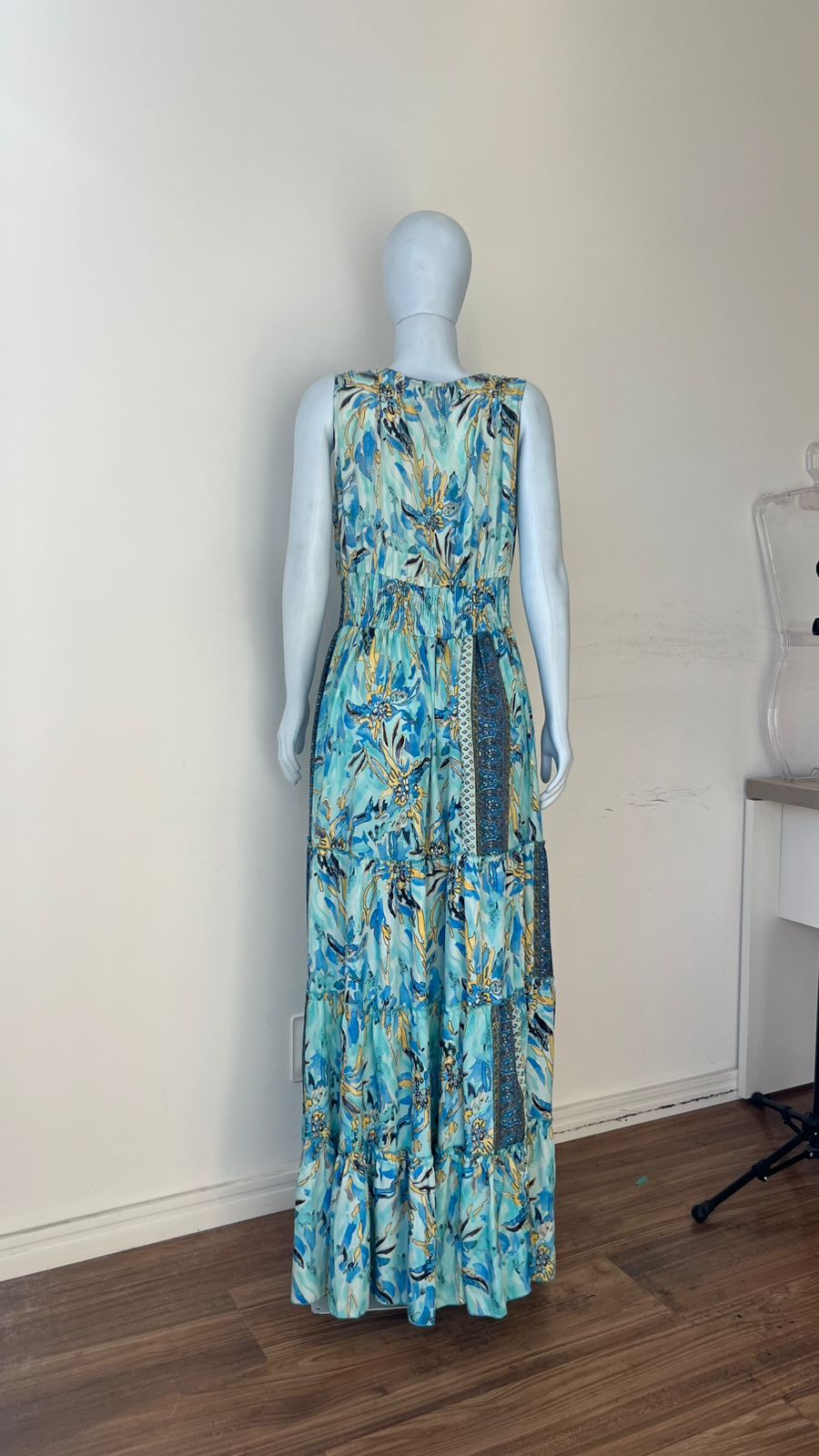 Vestido Longo Turquesa Floral Abstract