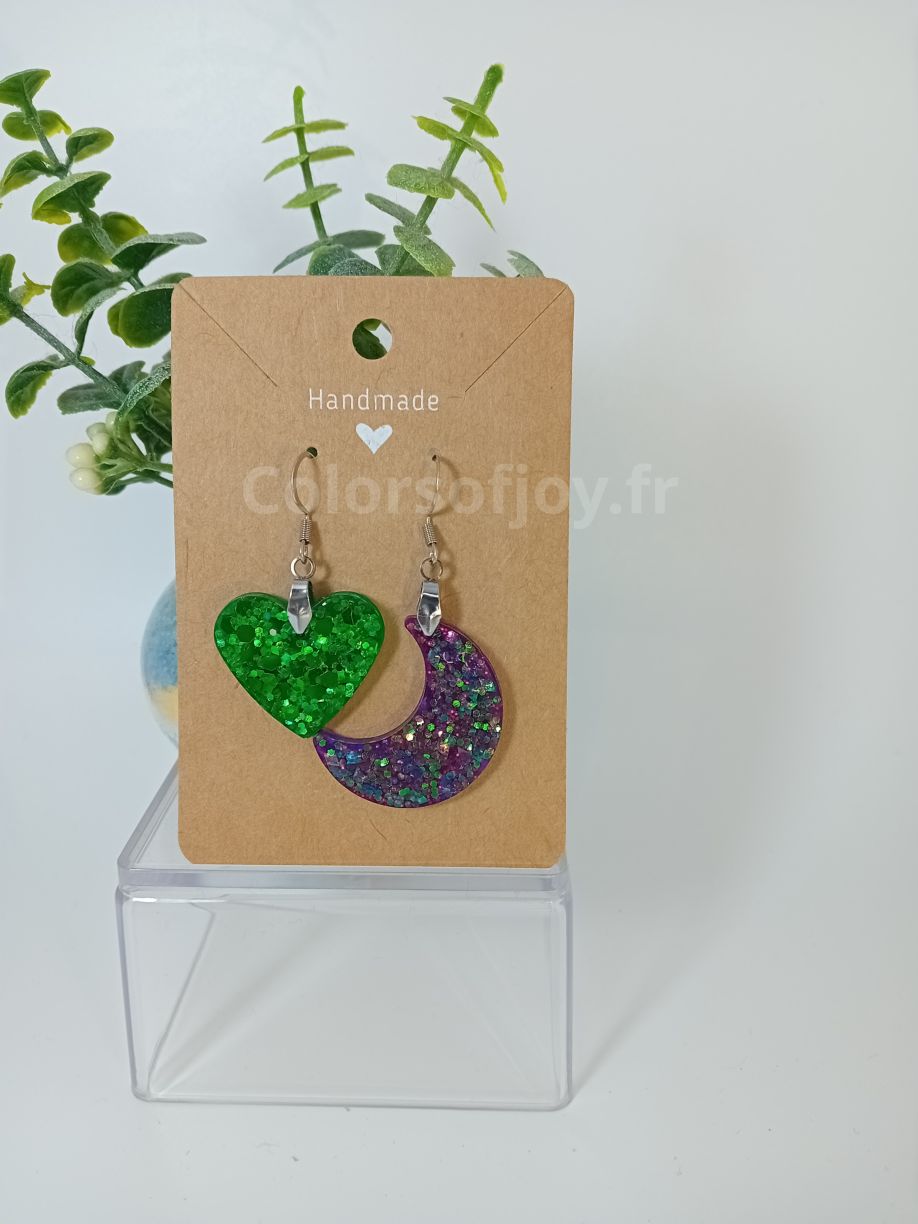 Boucles d’oreilles Vertes et Violettes à Paillettes