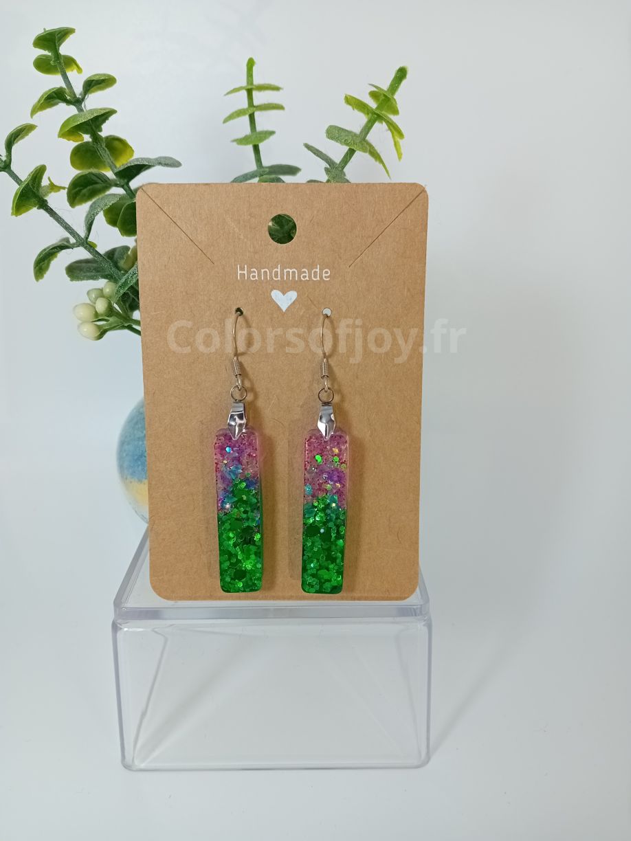 Boucles d’oreilles Vertes et Violettes à Paillettes
