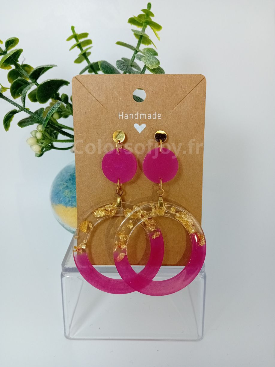 Boucles d’oreilles Précieuses Roses et Transparentes avec feuilles d’or