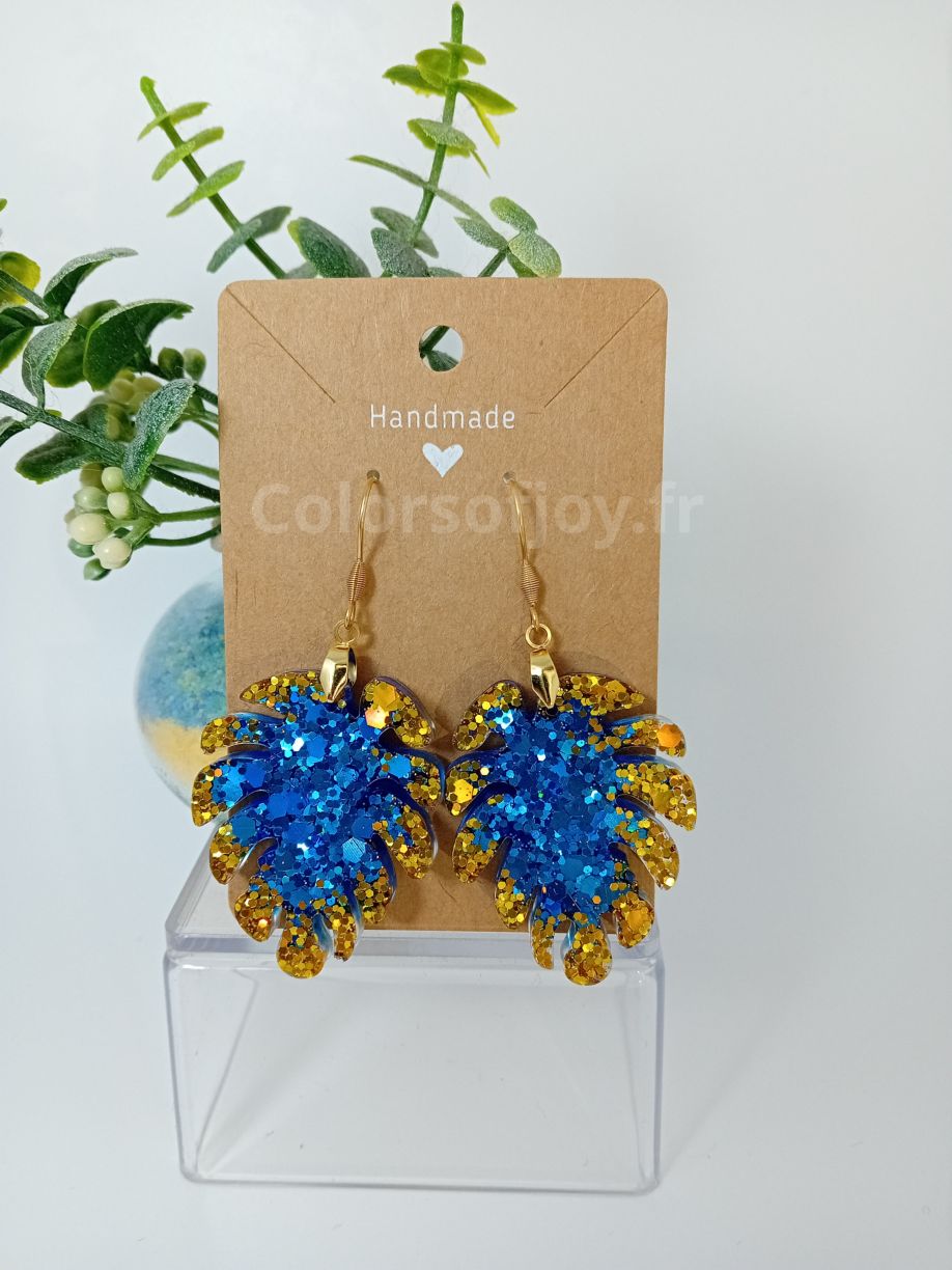 Boucles d’oreilles Dorées et Bleues à Paillettes