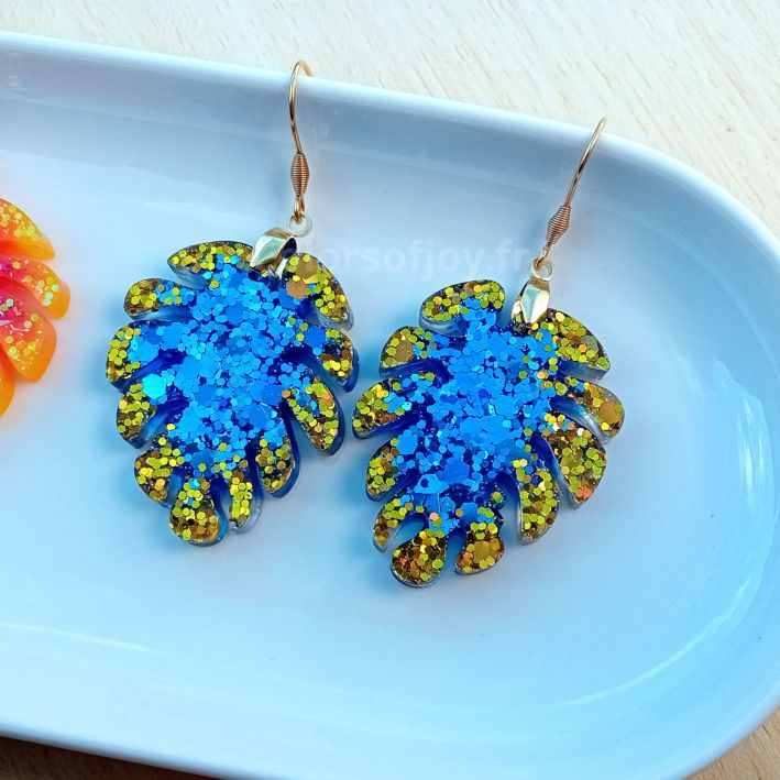 Boucles d’oreilles Dorées et Bleues à Paillettes