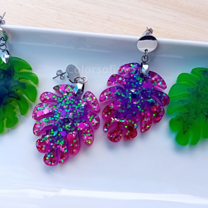 Boucles d'oreilles feuilles pailletées roses et violettes