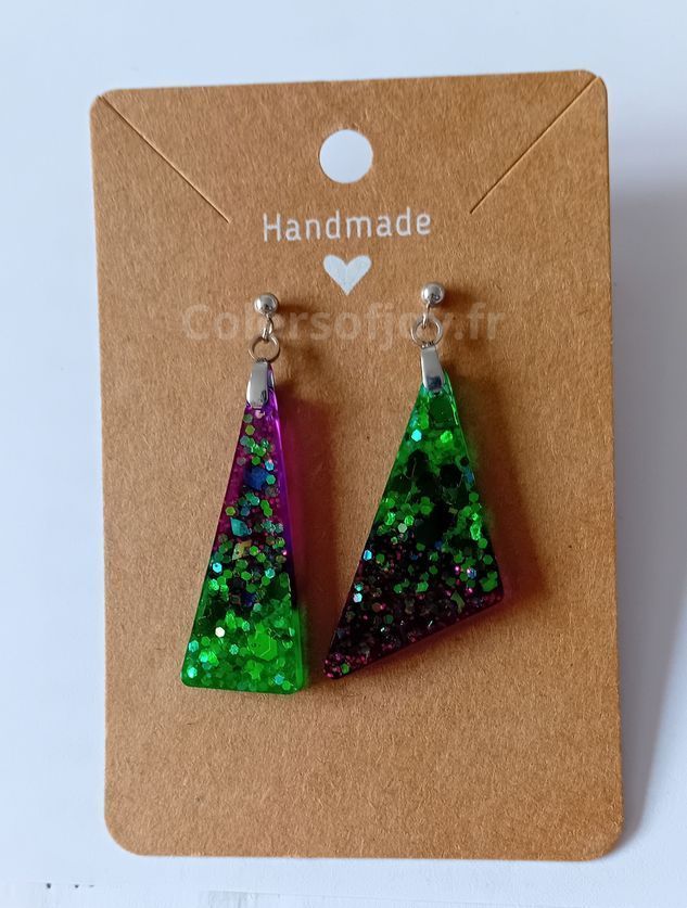 Boucles d’oreilles Vertes et Violettes à Paillettes