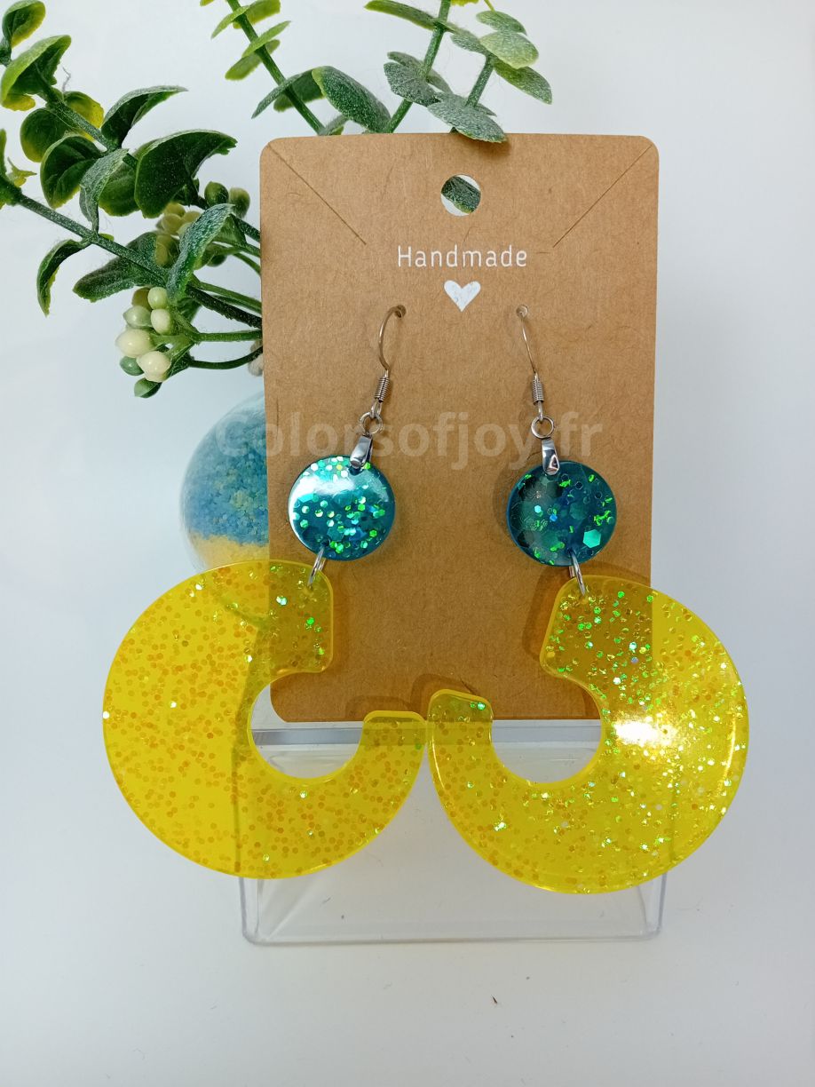 Boucles d’oreilles Jaunes et Bleues à Paillettes