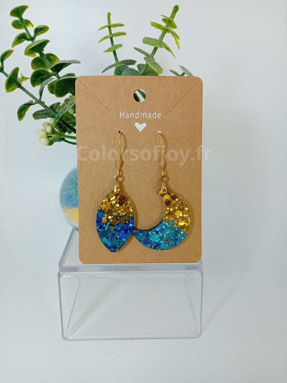 Boucles d’oreilles Bleues et Dorées à Paillettes