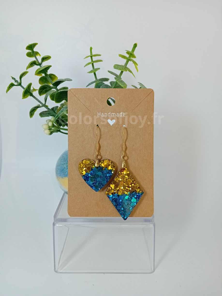 Boucles d’oreilles Bleues et Dorées à Paillettes