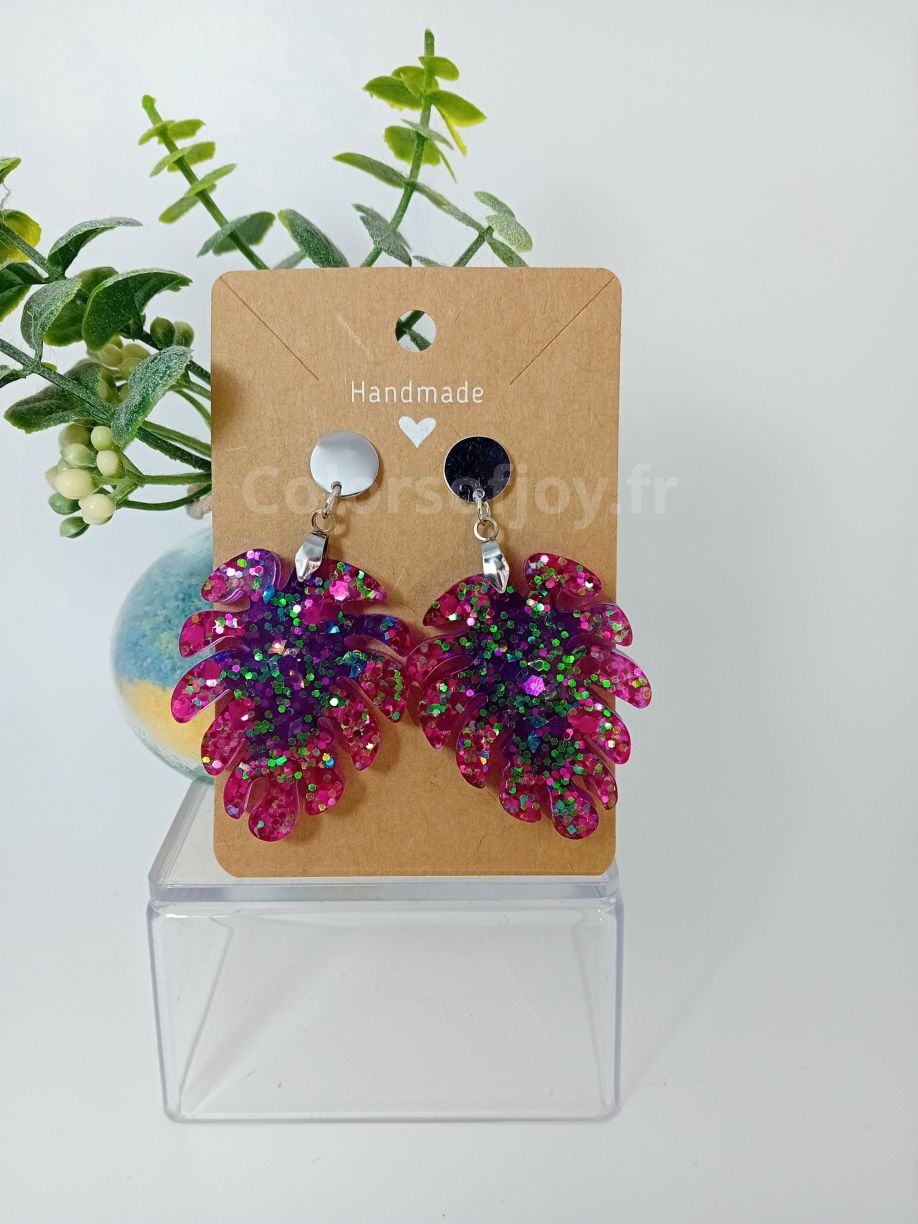 Boucles d'oreilles feuilles pailletées roses et violettes