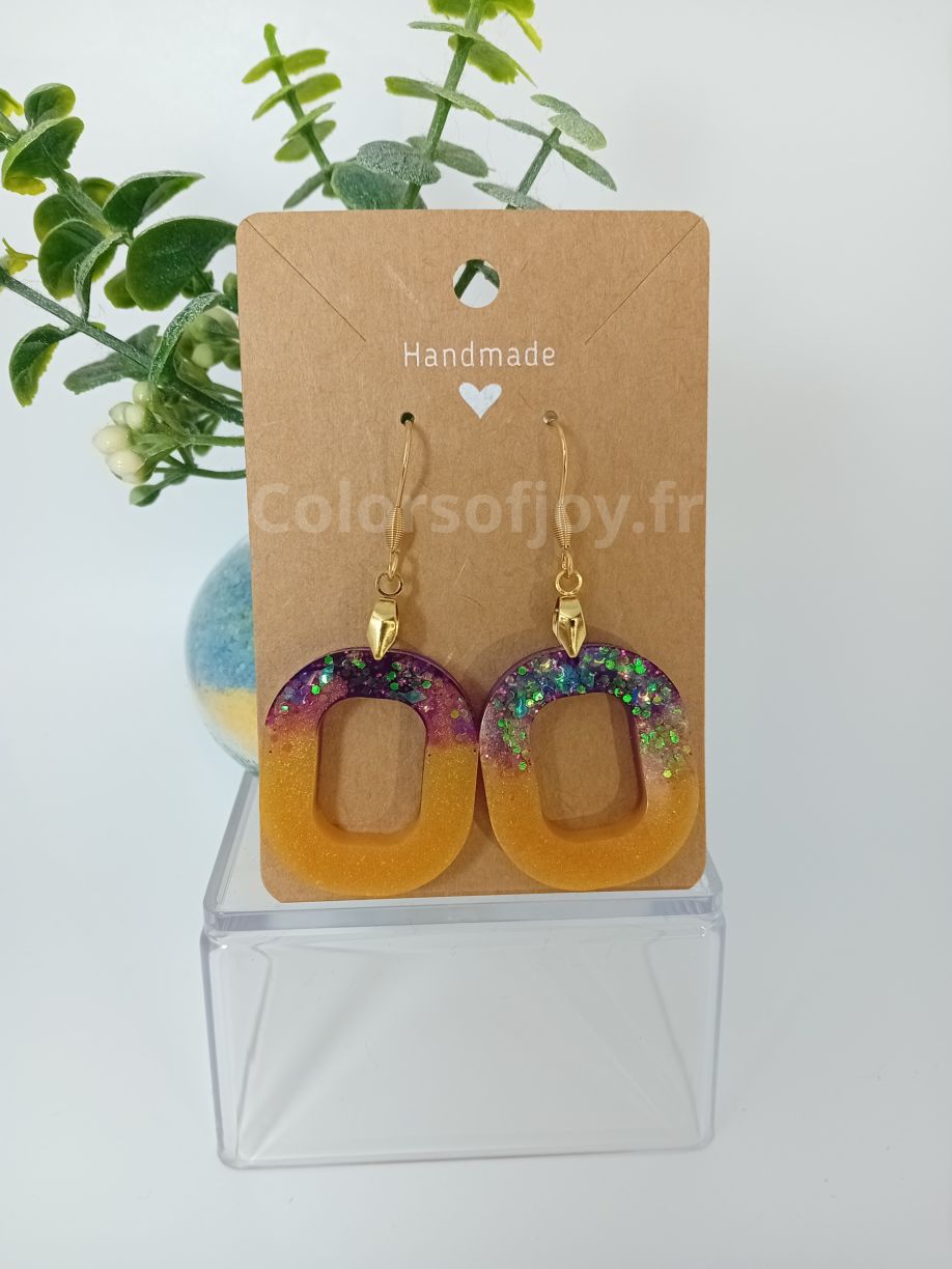 Boucles d’oreilles Dorées et Violettes à Paillettes
