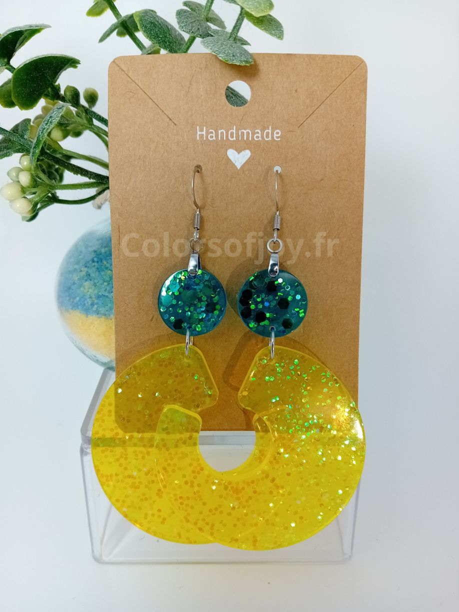 Boucles d’oreilles Jaunes et Bleues à Paillettes