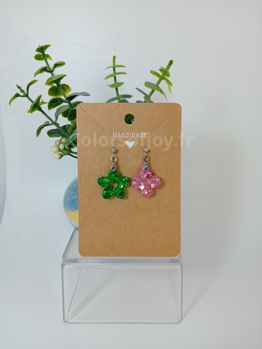 Boucles d’oreilles Vertes et Roses à Paillettes