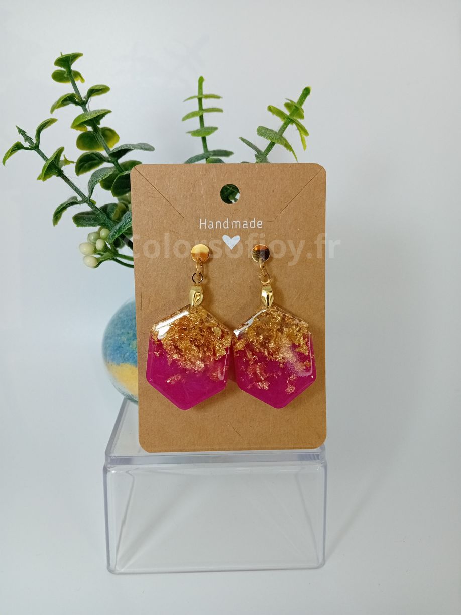 Boucles d’oreilles Précieuses Roses et Transparentes avec feuilles d’or