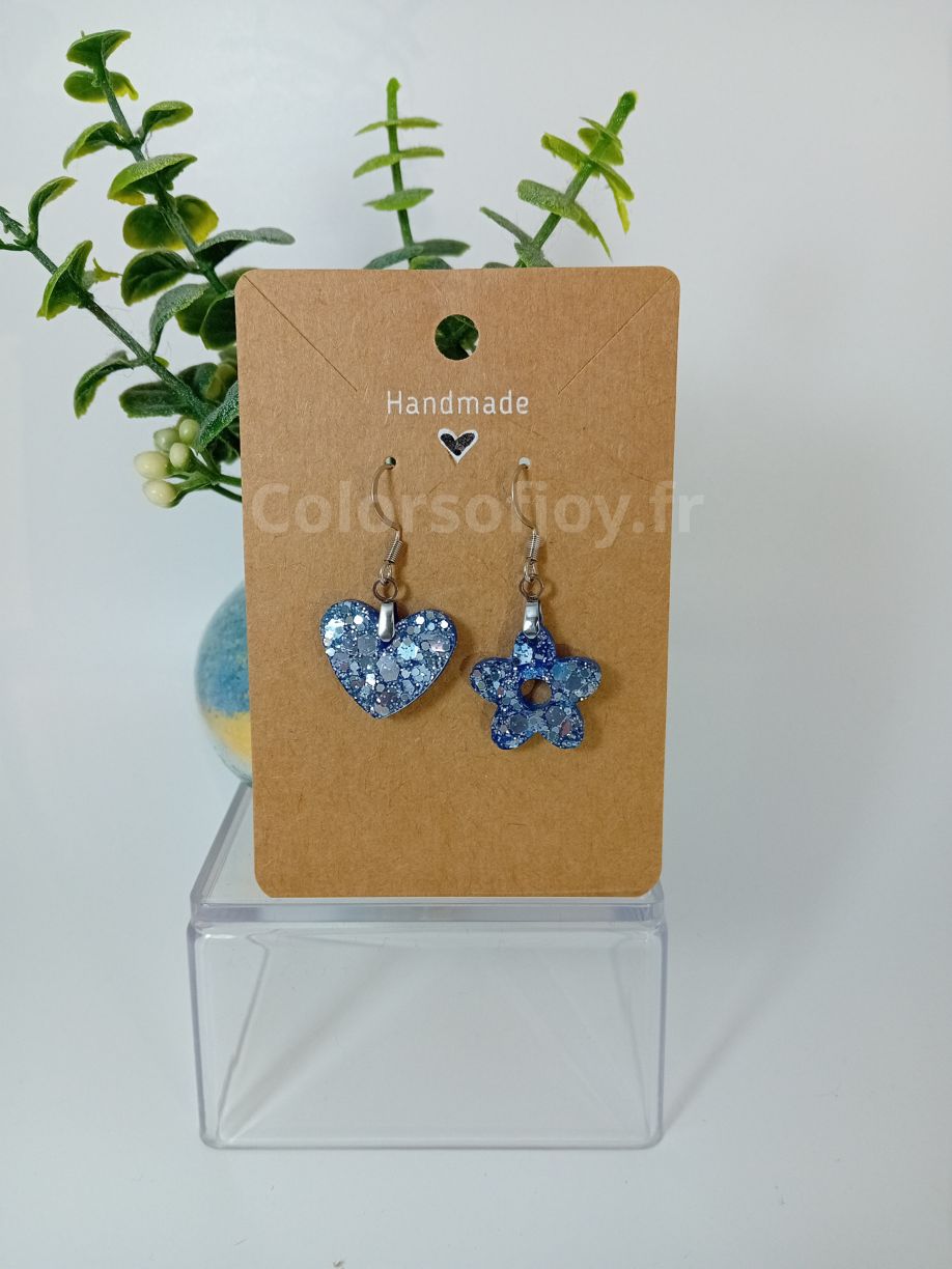 Boucles d’oreilles Argentées et Bleues à Paillettes