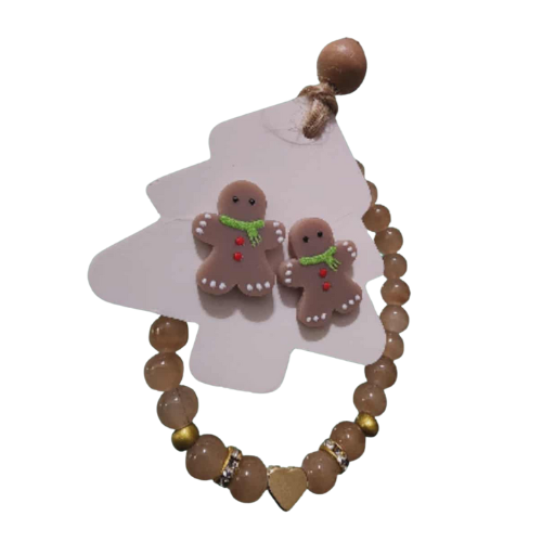 Gingerbread man holiday earrings and bead bracelet 