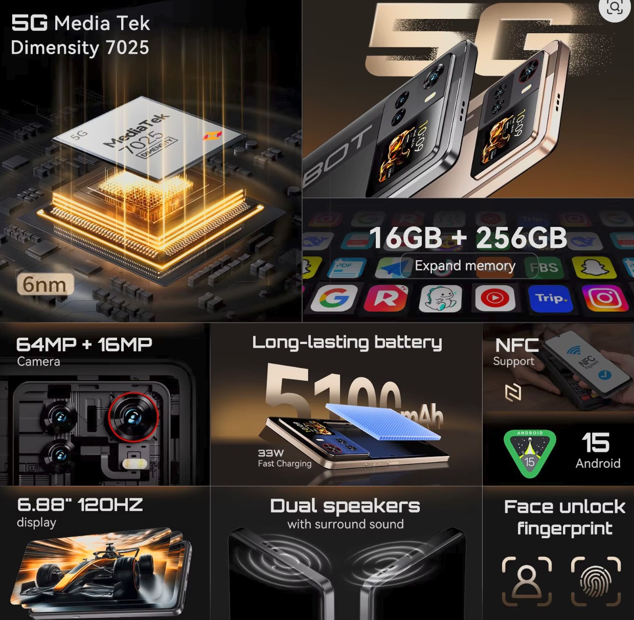 Cubot X100, 5G, Dimensity 7025, 6nm, 2.5GHz, 6.88-inch Screen, 16 GB (8+8) ,256 GB Storage, 64MP Camera, 5100mAh Battery