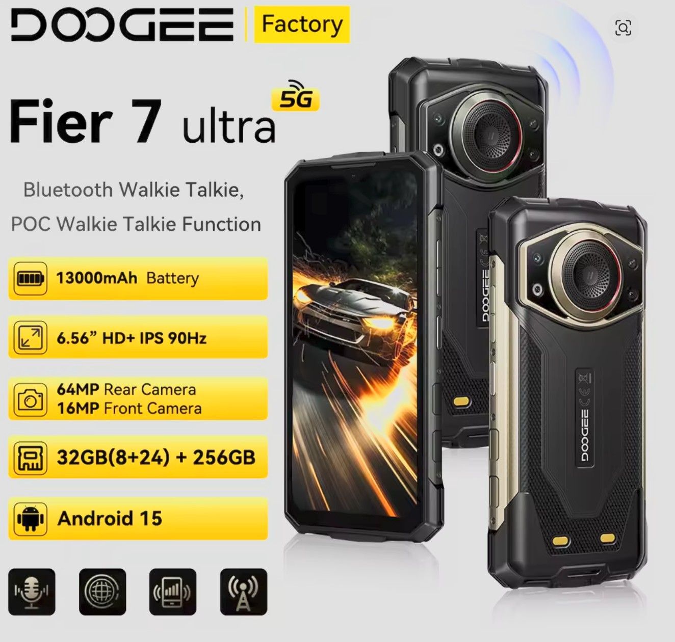 Doogee Fire 7 Ultra Rugged Phone 6.6" IPS Screen 64MP Octa-Core Smartphone 5G 32GB+256GB 13000mAh NFC