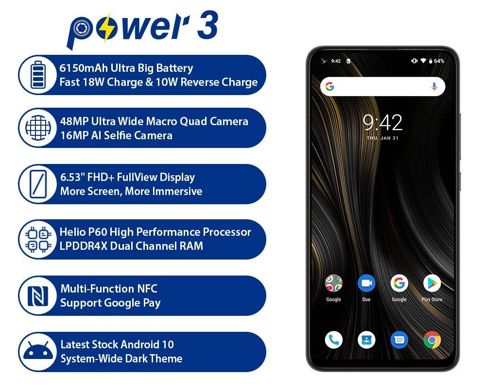 UMIDIGI Power 3 48 MP Quad Camera (4 GB DDR4 RAM & 64 GB ROM) Android 10 (Unlocked)