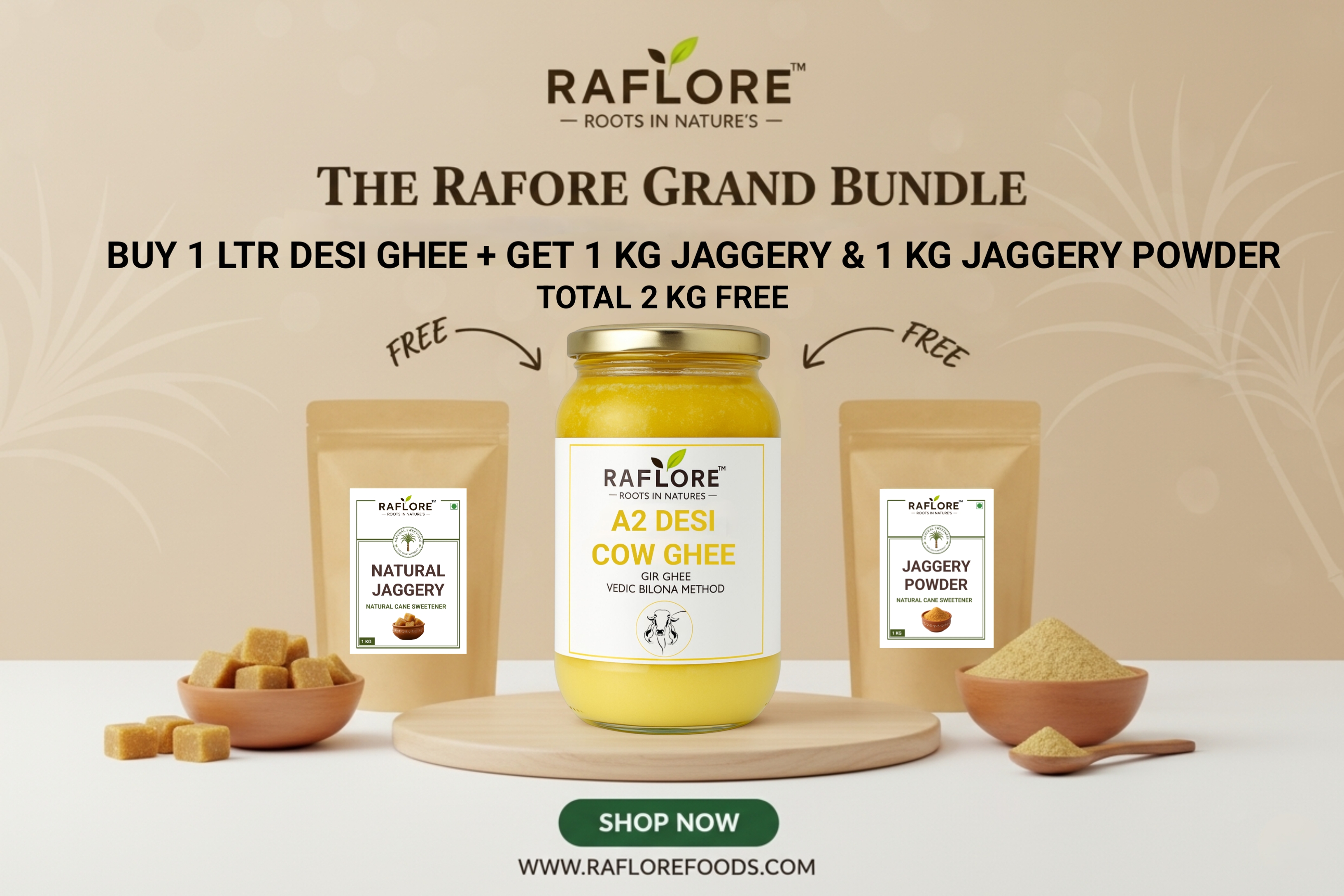 A2 Gir Cow Desi Ghee 1 Litre + Free 1 kg Jaggery & 1 kg Jaggery Powder