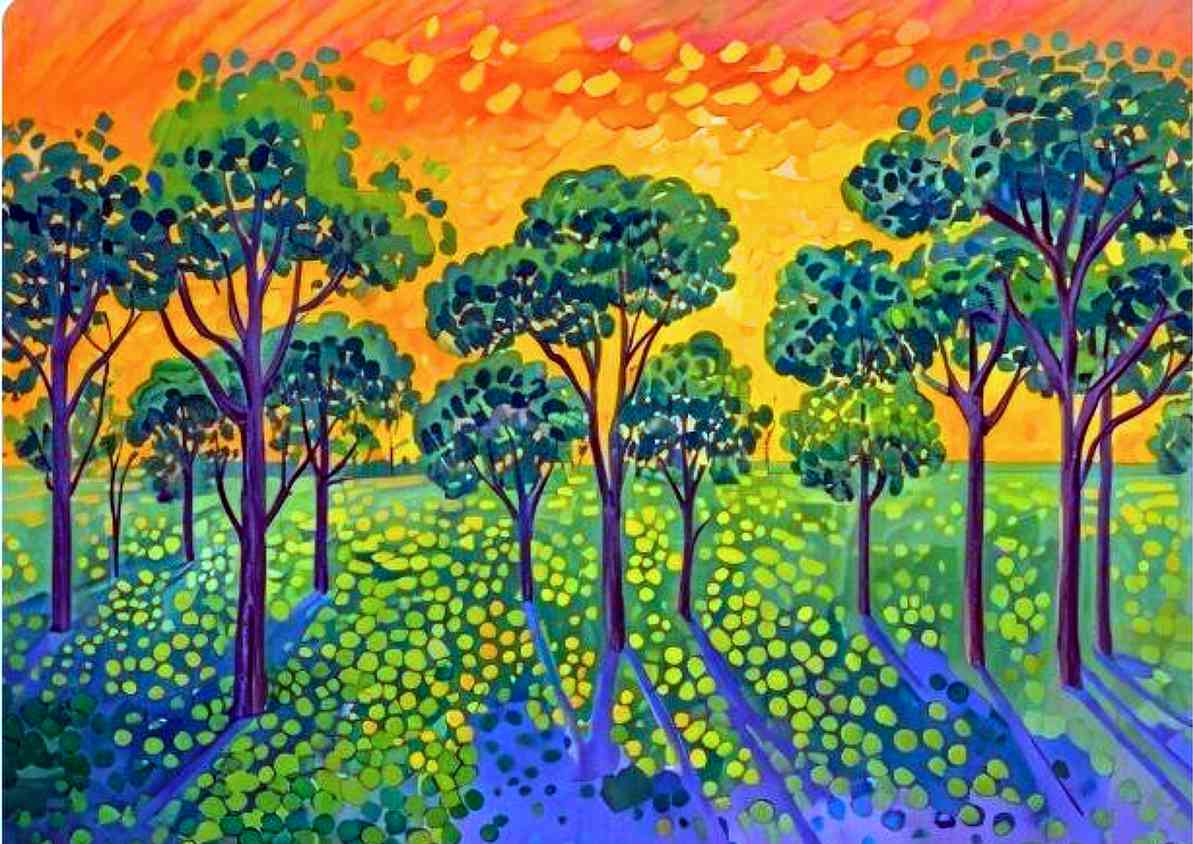 Vibrant Forest Sunset Painting