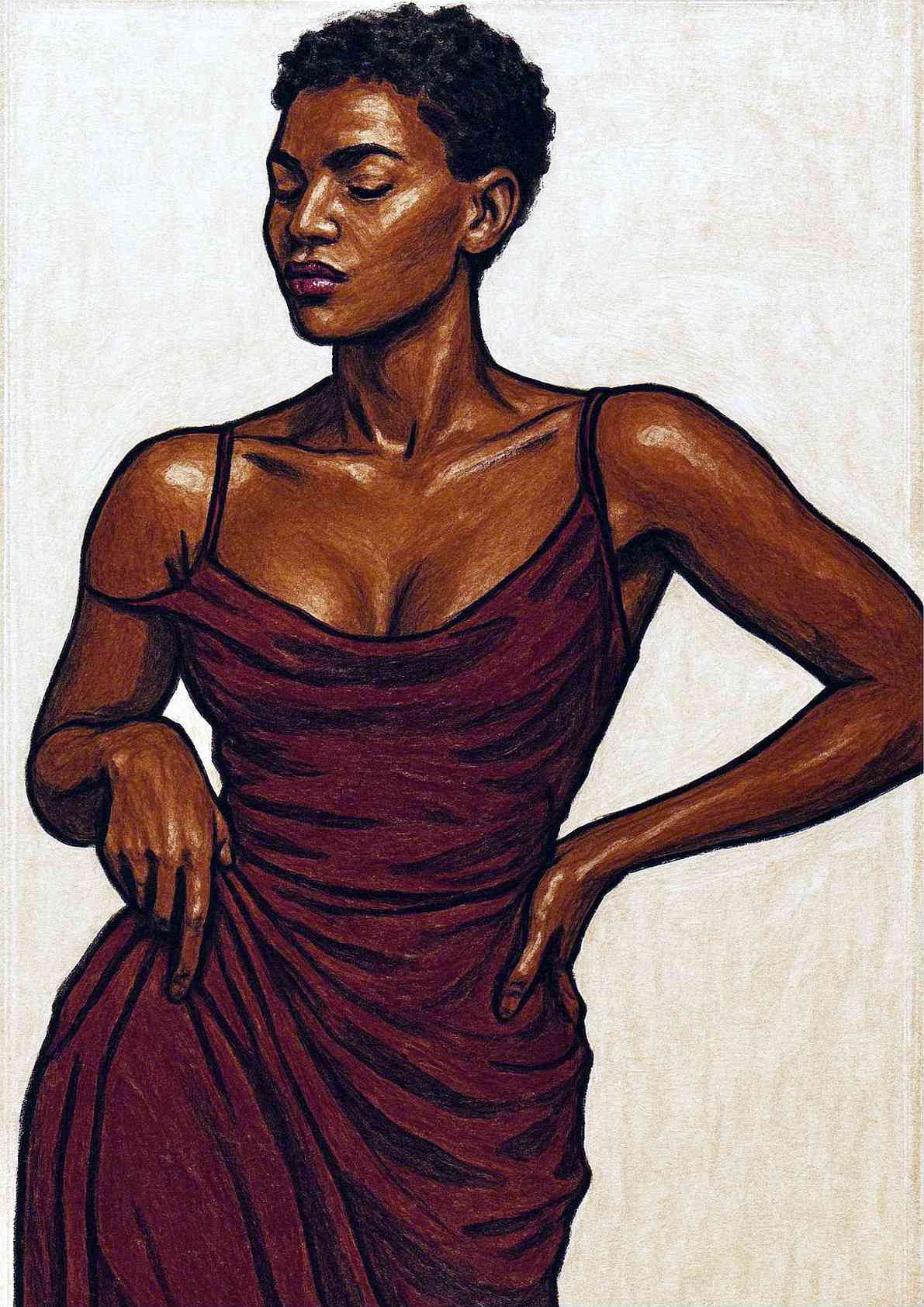 Lady in Elegant Burgundy Evening Dress Art