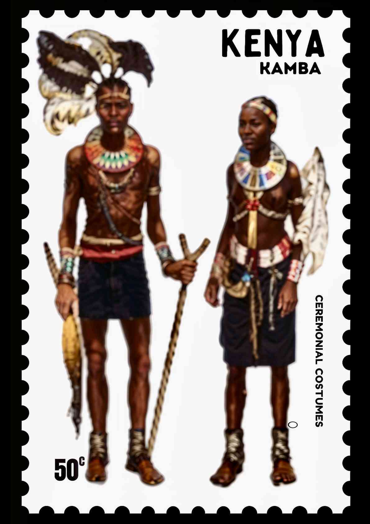 Kenya Kamba Ceremonial Costume Stamp Art