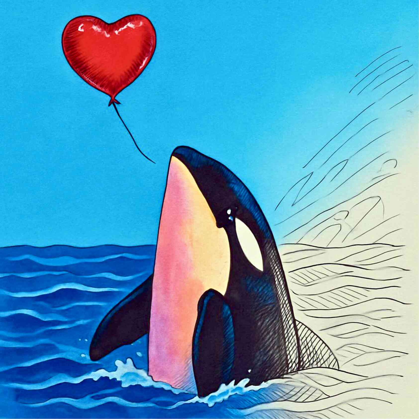 Whale and Heart Balloon Art Print