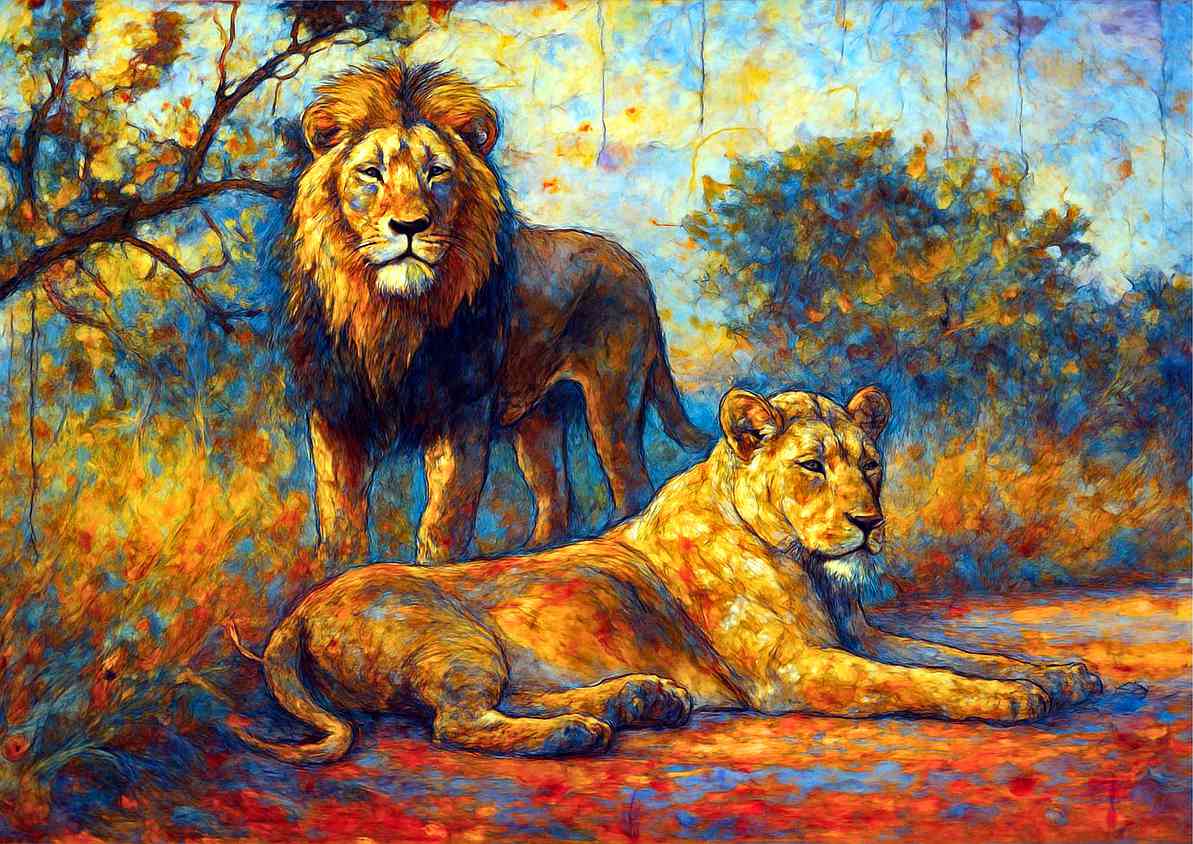 Vibrant Lion and Lioness Painting