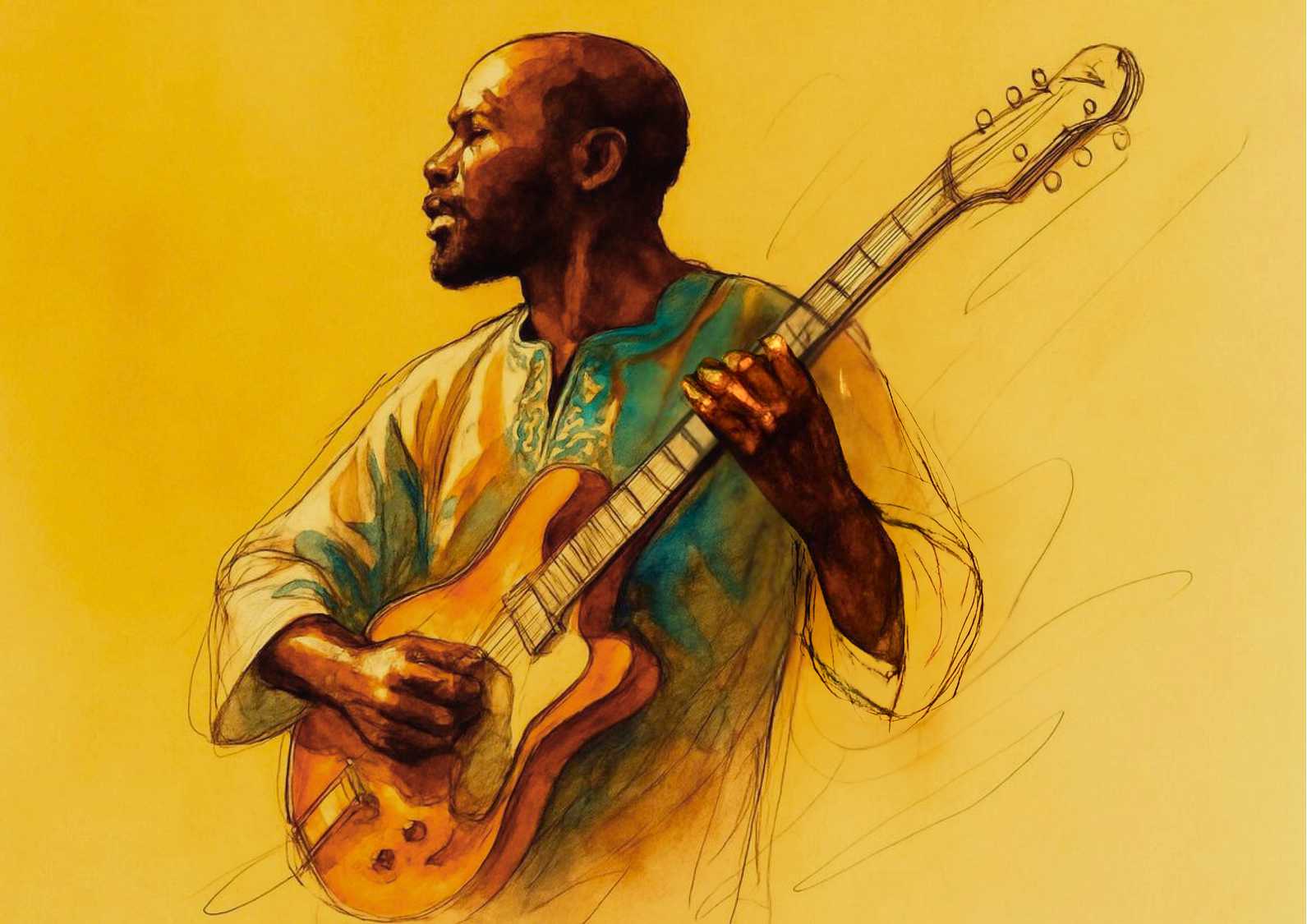 African Male Playing A Vintage Electric Guitar
