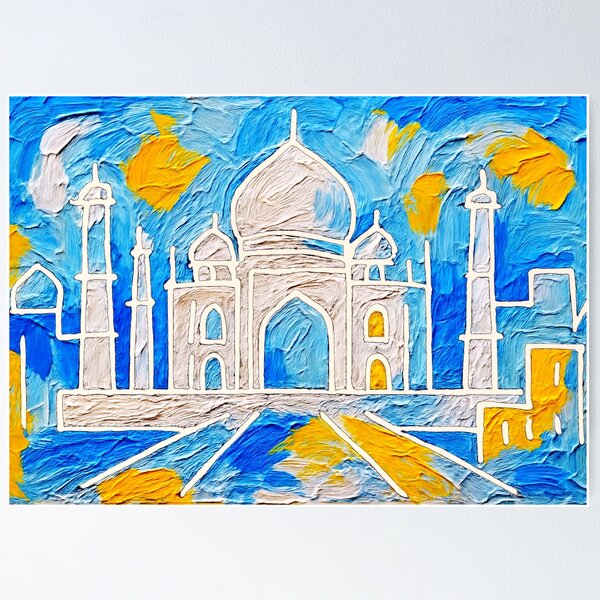 Taj Mahal White Outline Blue Sky Art