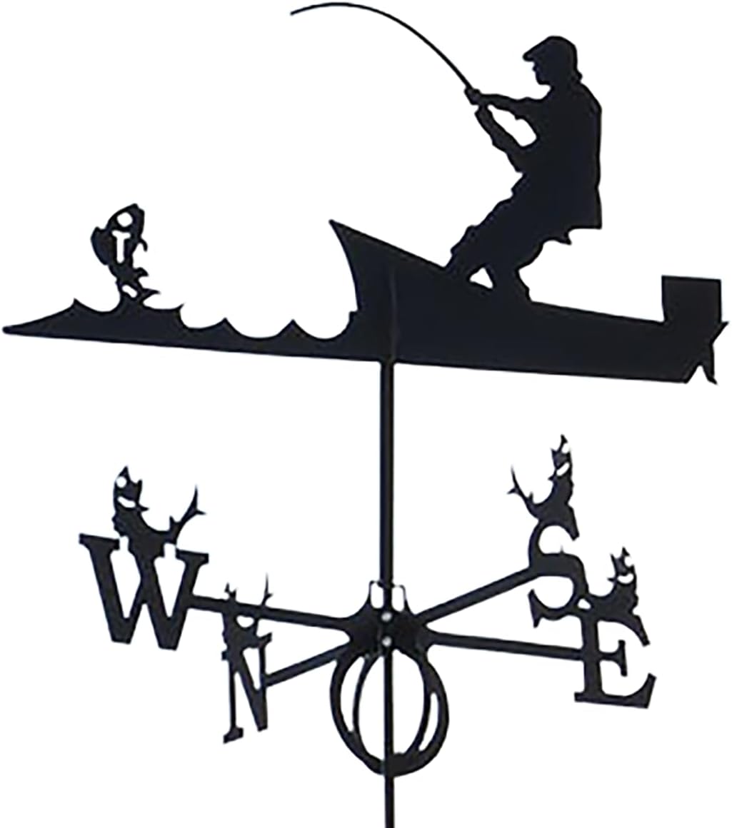 Fishing Silhouette Metal Weathervane Wrought Iron Wind Vane Stainless Steel We