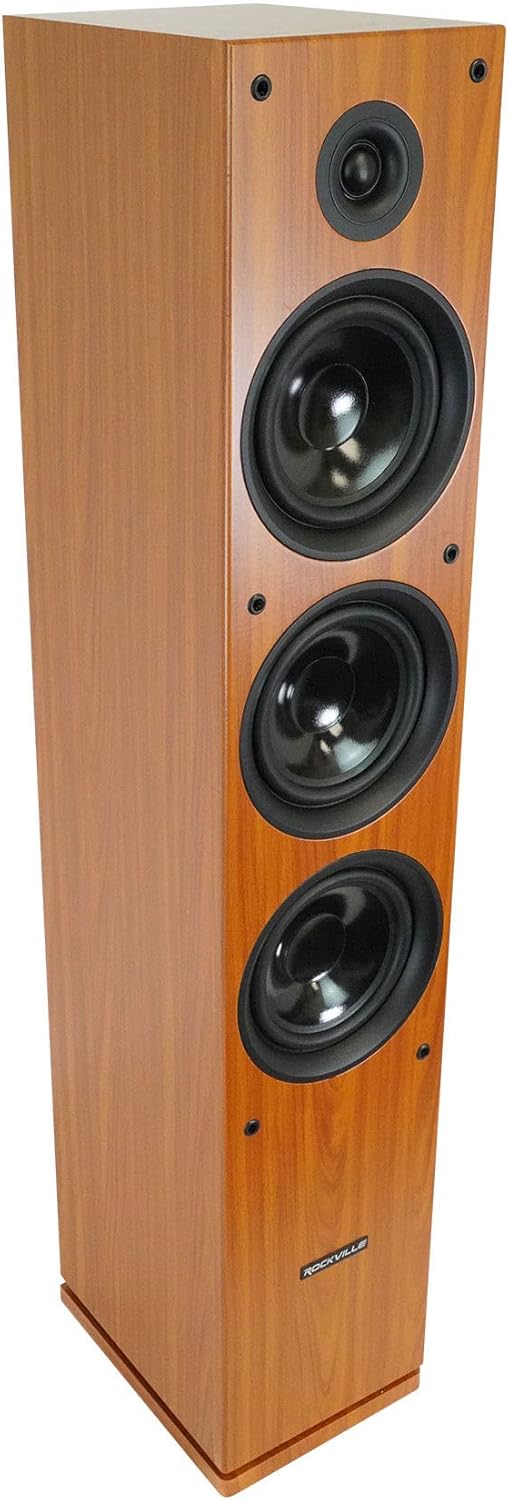 Rockville RockTower 68C Passive Tower Speaker, 8 Ohm, Classic Wood Grain, 500W Peak, 3-Way, Dual 6.5", MDF Cabinet