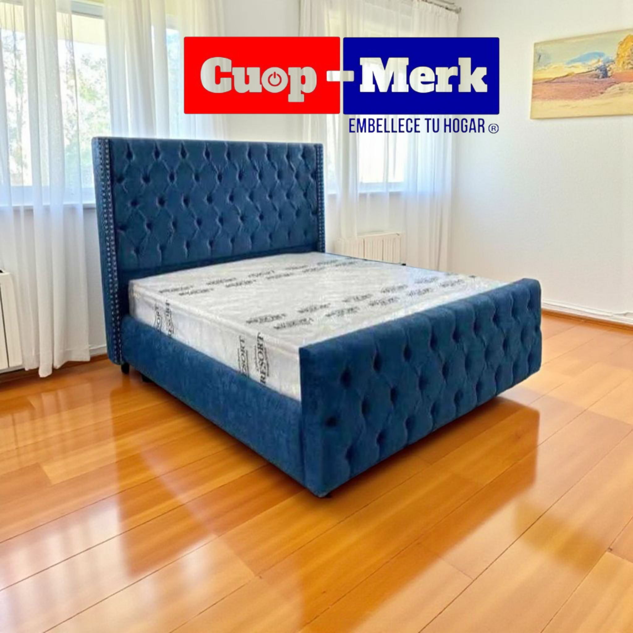 Cama tapizada azul