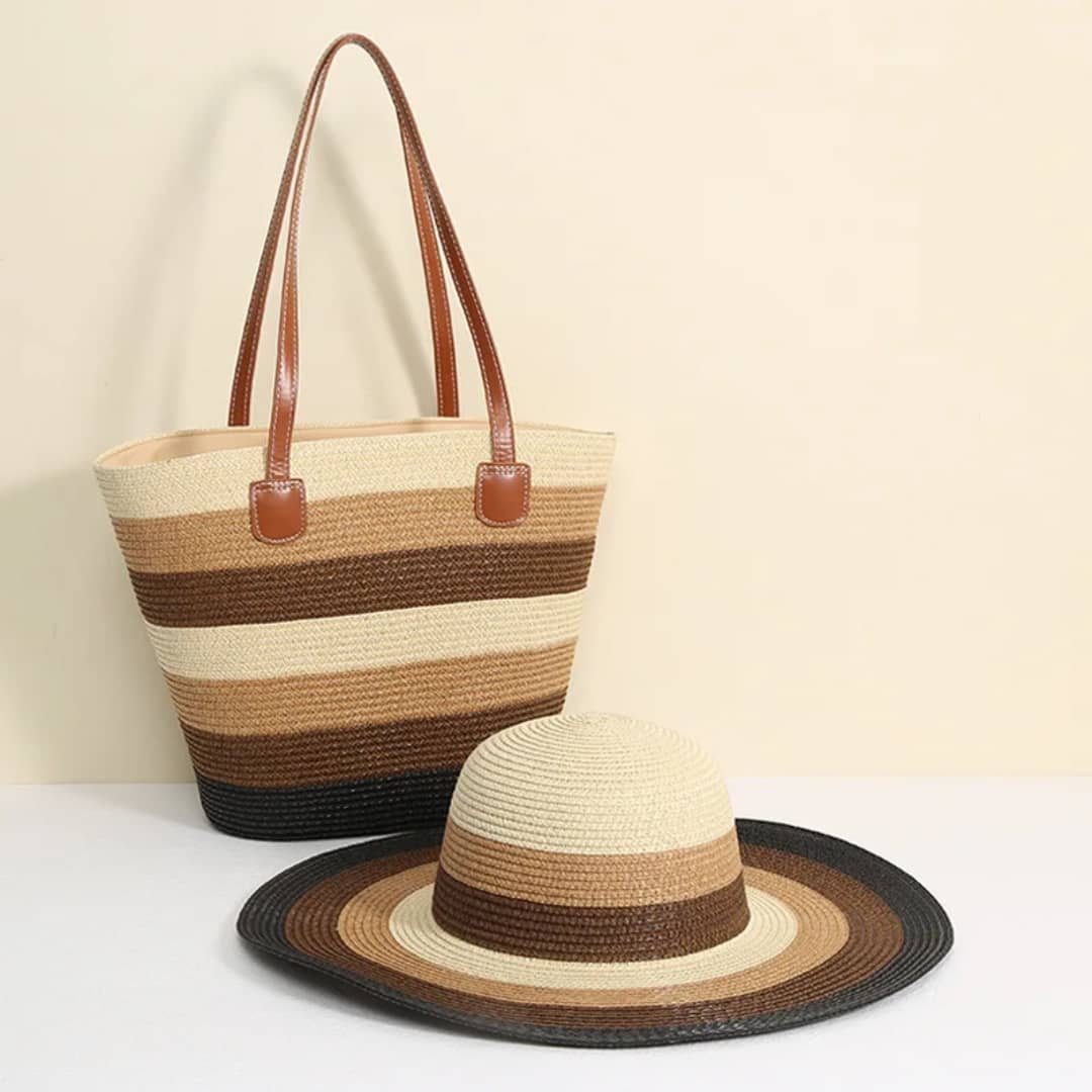 Striped Straw Bag and Hat Set