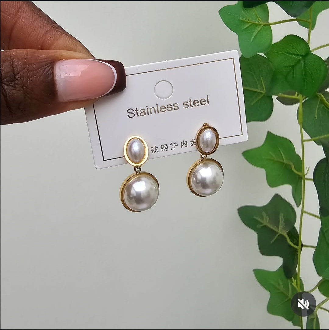 Gold and Pearl Stainless Steel Earrings