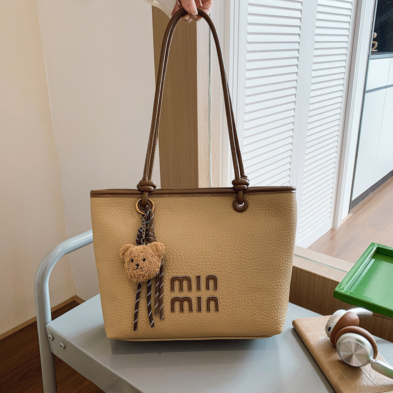 Beige Tote Bag with Bear Charm