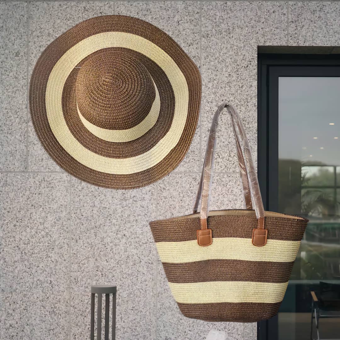 Striped Straw Hat and Bag Set