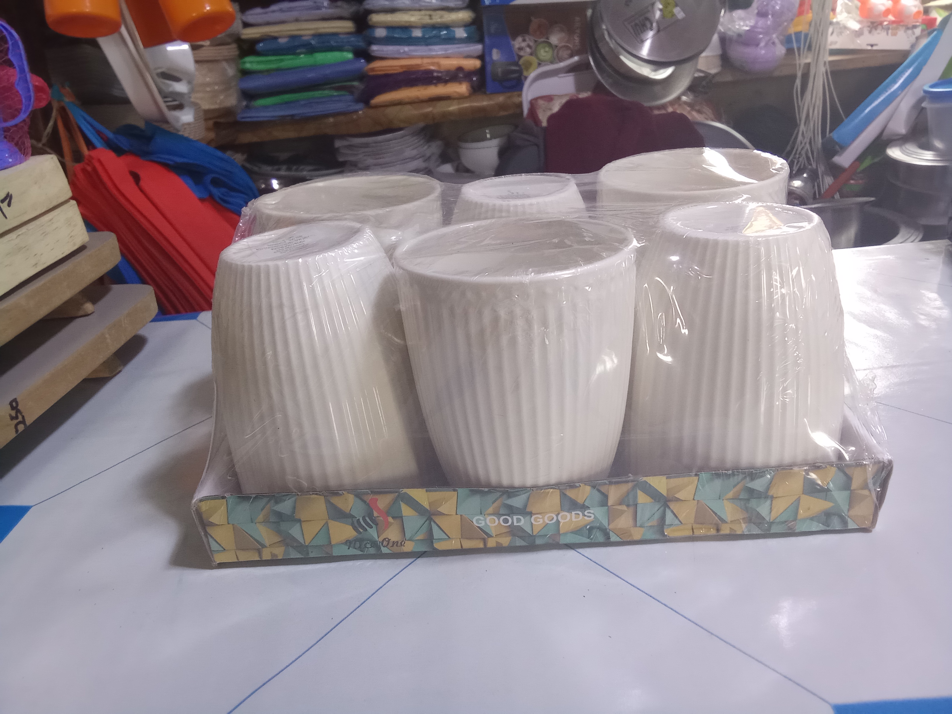 Set of White Ribbed Ceramic Mugs