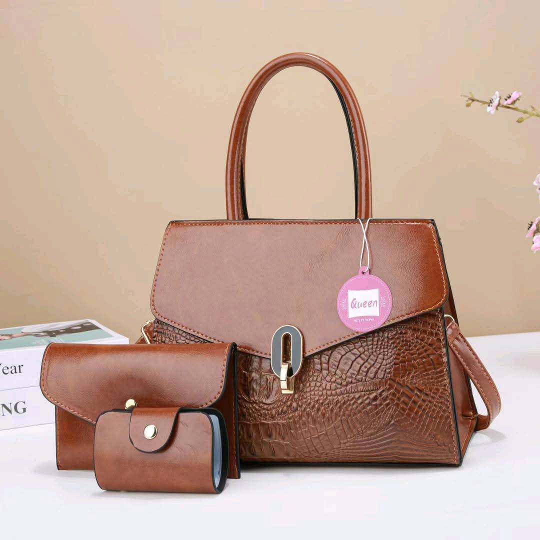 Elegant Brown Faux Leather Handbag Set