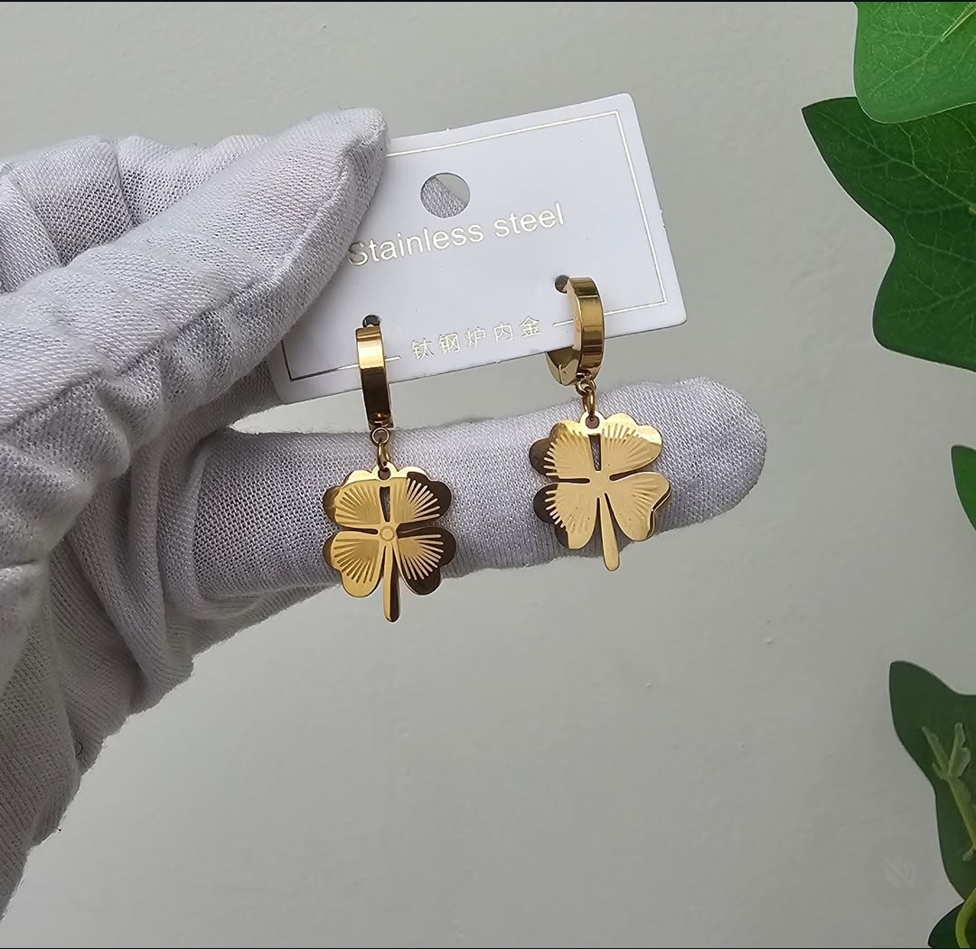Gold Four-Leaf Clover Stainless Steel Earrings