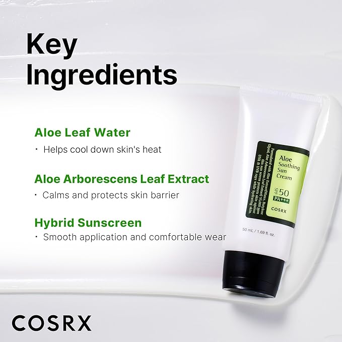 COSRX Aloe Soothing Sun Cream SPF 50+++, Daily Hydrating Sunscreen for Dry Sensitive Skin, UVA&UVB Protection, No White Marks, Sun Moisturiser, Korean Sunscreen, Korean Skincare