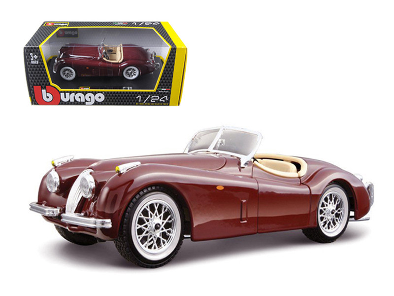 Brand new 1/24 scale diecast car model of 1951 Jaguar XK 120 Roadster Burgundy  by Bburago.